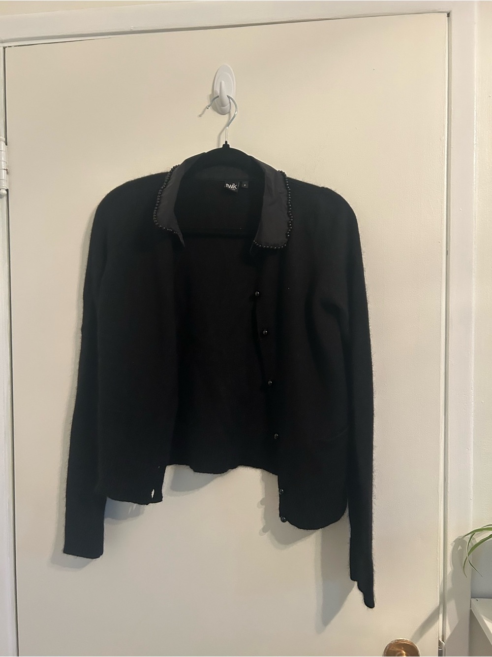 twik Black Cropped Knit Blazer with Decorative Trim